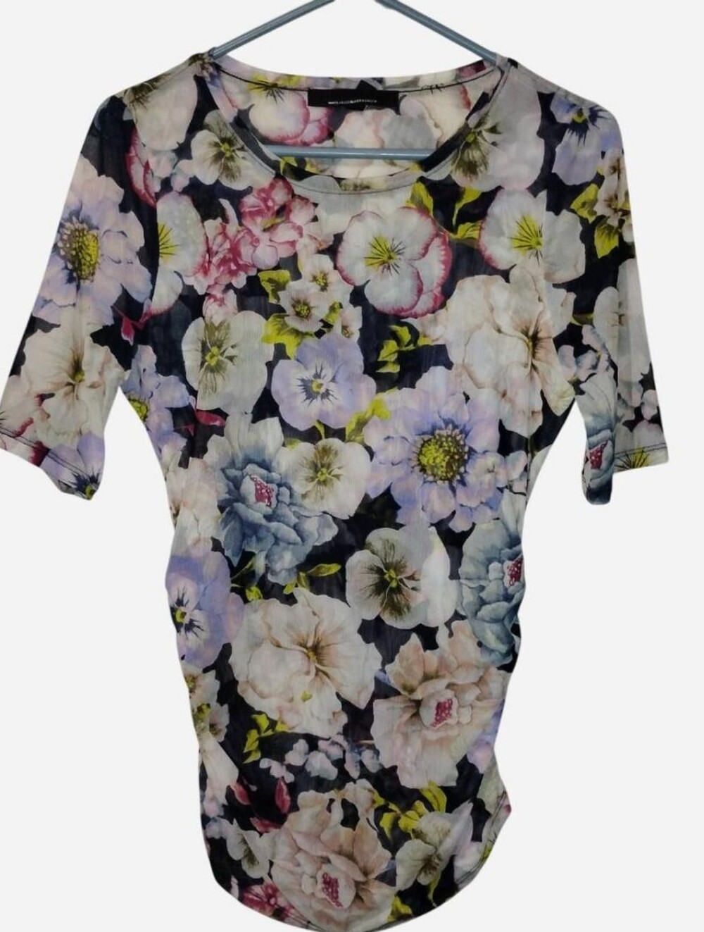 White House Black Market Floral Sheer Mesh Ruched Short Sleeve Top - Size S